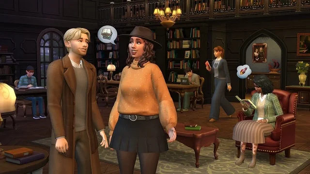 Two Sims chat in a cozy, wood-paneled library while others study and read in the background. The female Sim wears a wide-brim hat, orange sweater, and black skirt, while the male Sim sports a long brown coat and turtleneck.