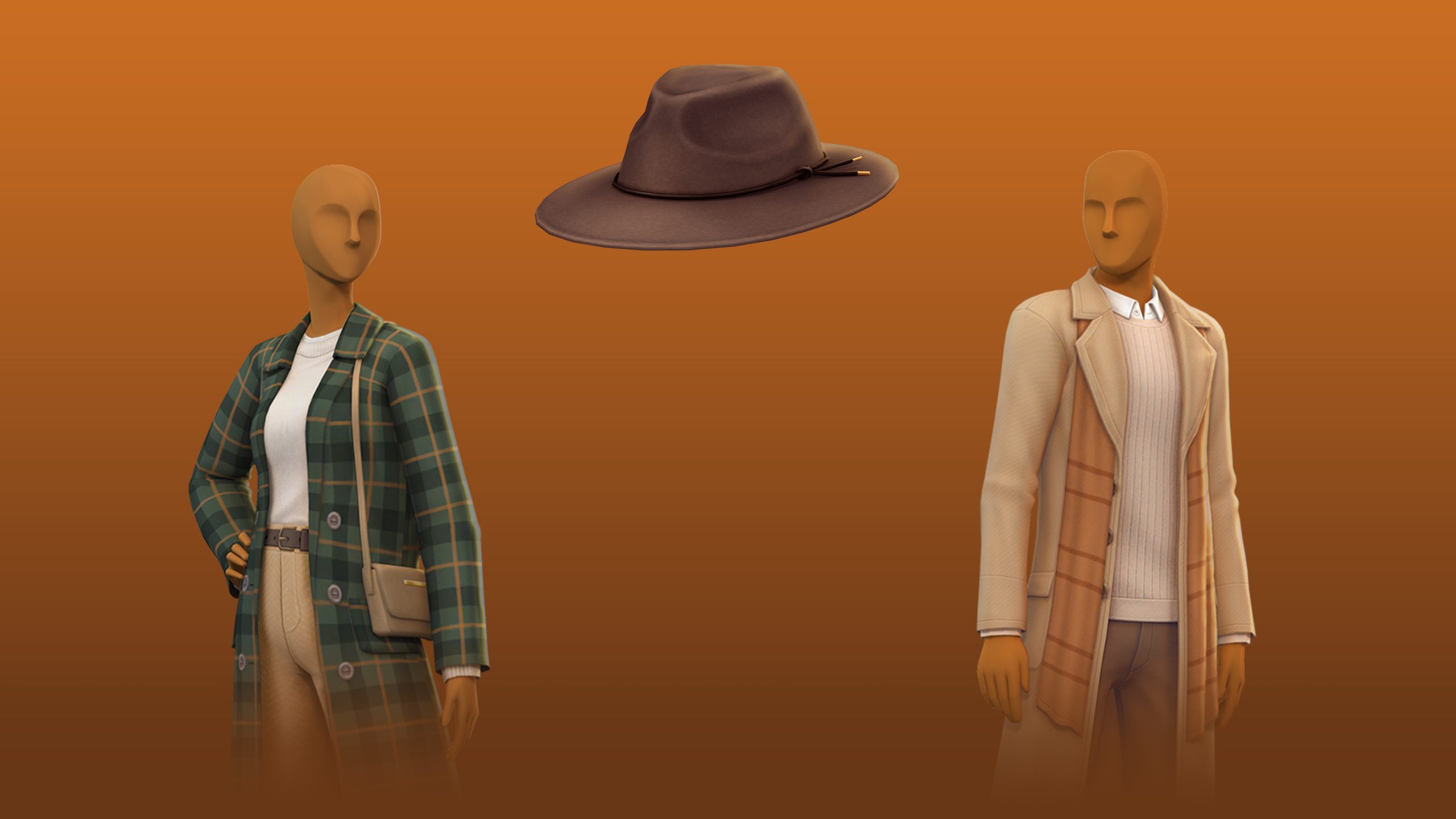 Two mannequin models showcase Sims 4 autumn outfits, including a green plaid overcoat with crossbody bag, a beige trench layered over a knit sweater, and a wide-brim fedora hat floating between them on an orange background.