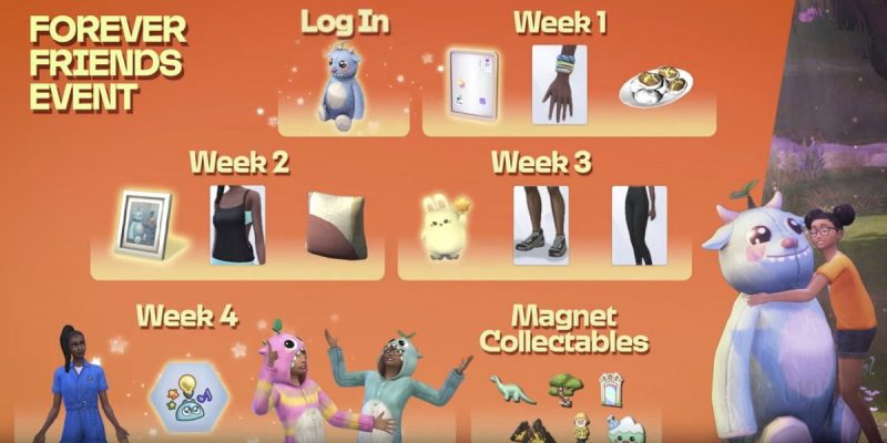 The Sims 4 Forever Friends event roadmap showing four weeks of rewards. It highlights a login plushie, magnet board, décor, CAS outfits, recipes, collectibles, and a new trait. A child Sim hugs a giant plush toy on the right side of the graphic.