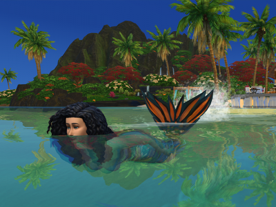 A mermaid gracefully swimming through clear blue water, her shimmering tail catching the light.