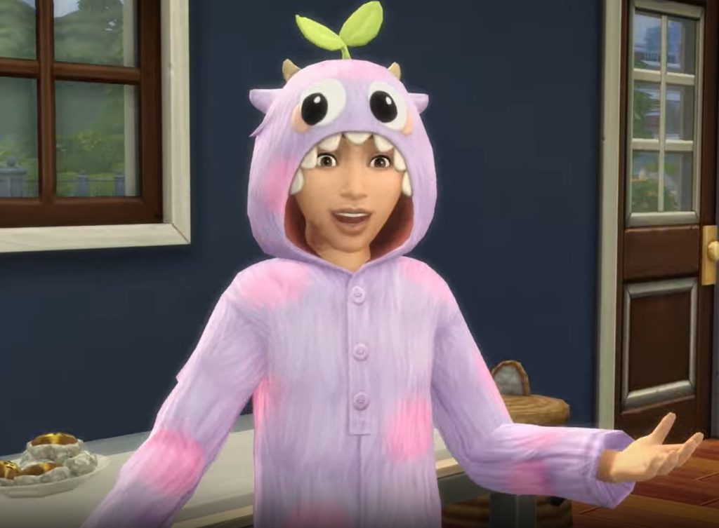 A child Sim wearing a cute pajama set with playful patterns, smiling warmly. The outfit looks cozy and charming, perfect for bedtime or lounging.