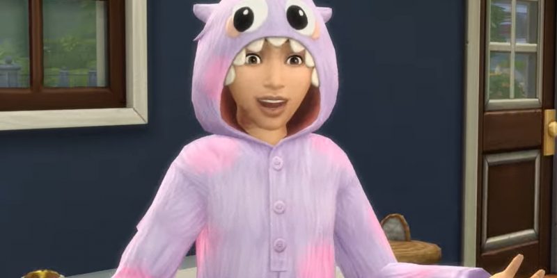 A child Sim wearing a cute pajama set with playful patterns, smiling warmly. The outfit looks cozy and charming, perfect for bedtime or lounging.