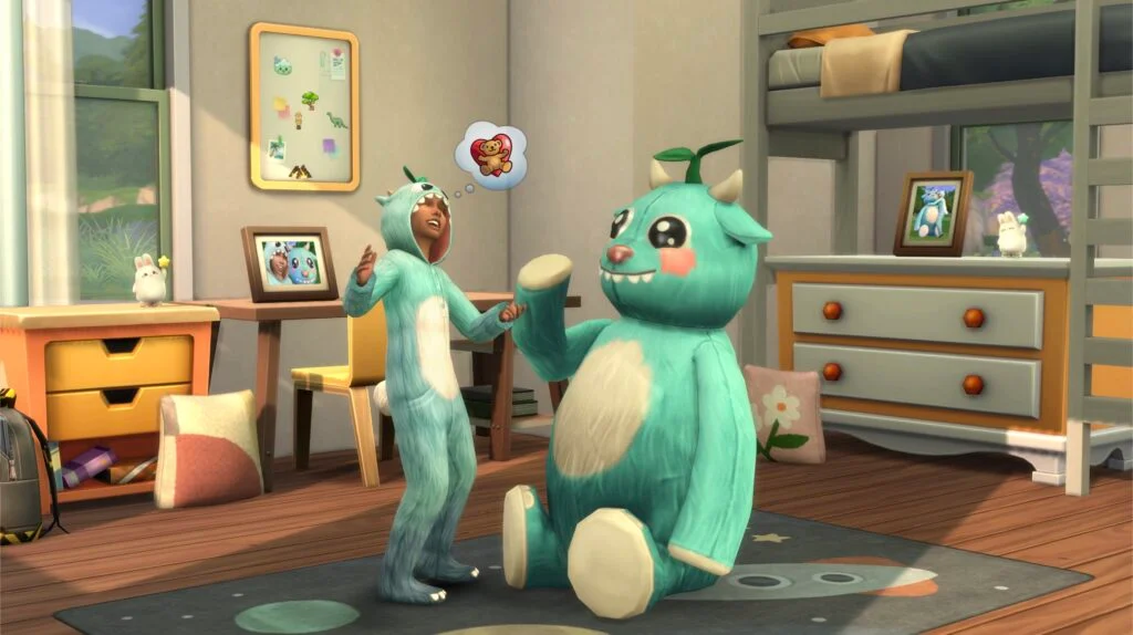 A child Sim kneels on the floor, smiling as they talk to a large, colorful plush toy from The Sims 4 Forever Friends event. The plush towers over the child, giving the scene a playful and heartwarming feel.