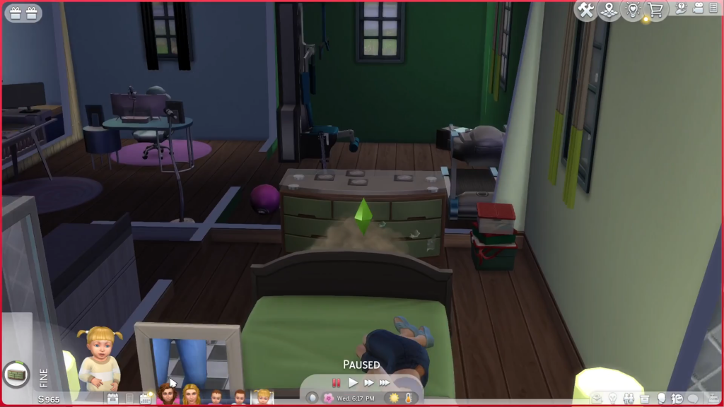 A Sims 4 toddler sits on the floor with a swirling dust cloud stuck to their body, creating the look of a Tasmanian Devil spin.