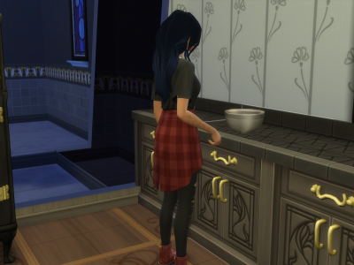 A Sim in Sims 4 cooking a meal in the kitchen, stirring ingredients in a pan.