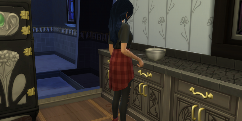 A Sim in Sims 4 cooking a meal in the kitchen, stirring ingredients in a pan.