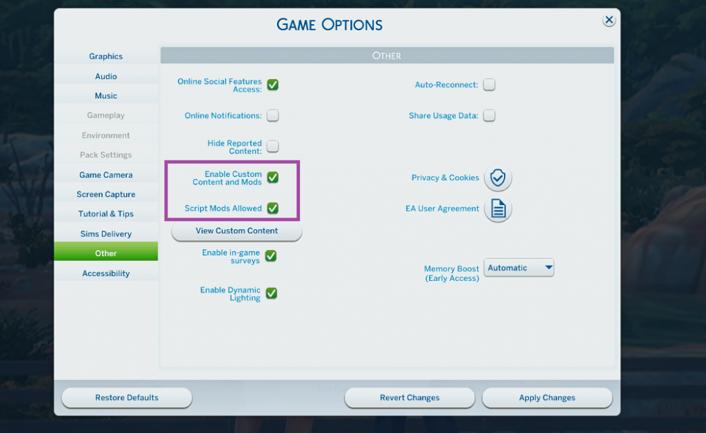 Sims 4 Game Options Mods