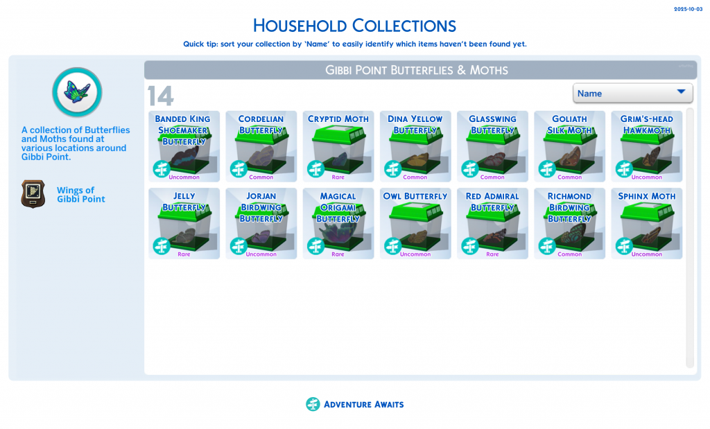 Sims 4 Gibbi Point Butterflies and Moths cheat sheet showing all collectible species