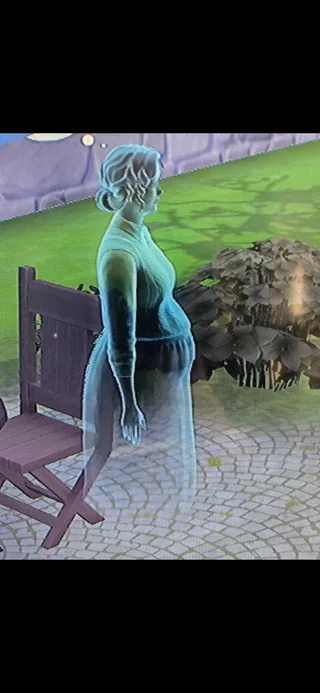 A translucent ghost Sim with a visible baby bump