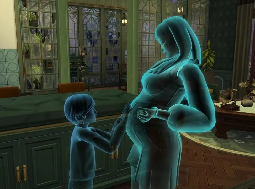 A ghost child Sim touches the belly of a pregnant ghost Sim in The Sims 4, interacting with the “Feel Baby” option.