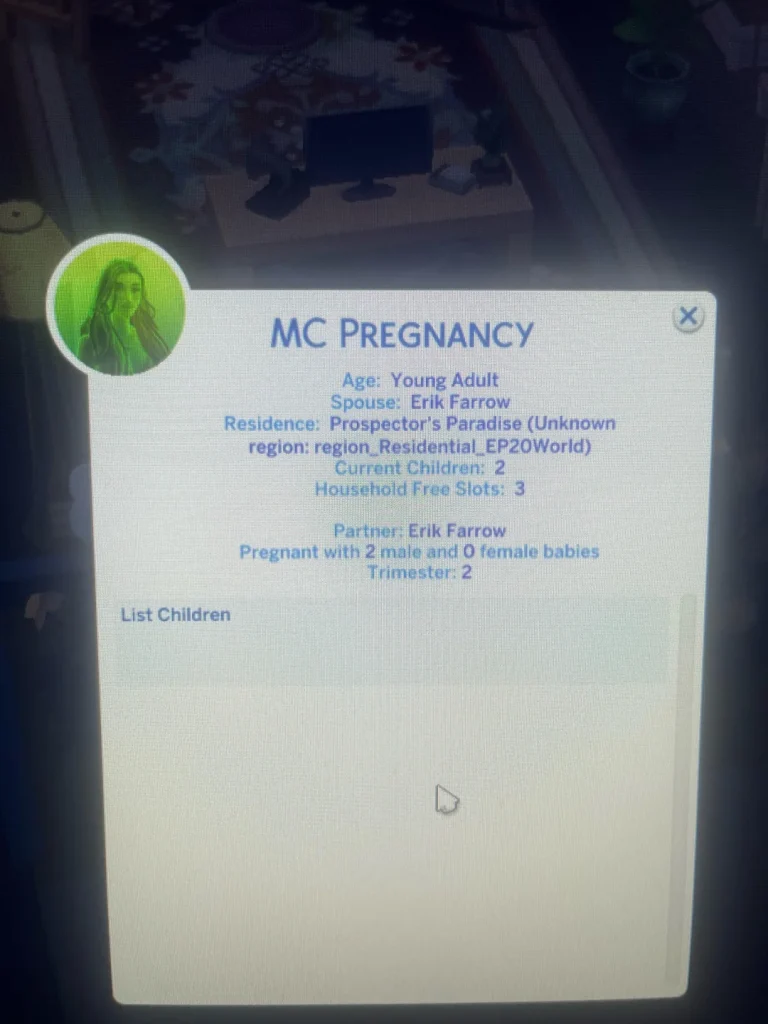 MC Command Center menu showing a ghost Sim confirmed to be pregnant with twins in The Sims 4.