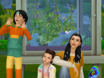 Three Sims posing in front of a display of butterflies and moths in Gibbi Point from Sims 4 Adventure Awaits