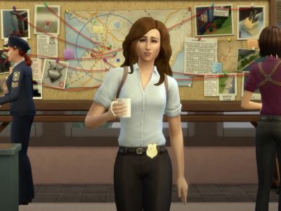 a sims 4 detective stands in a police station office, with a cup of coffee in their hand