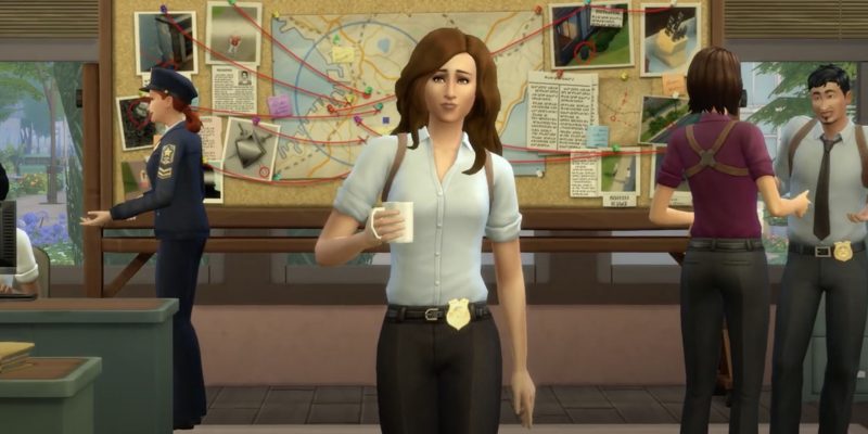 a sims 4 detective stands in a police station office, with a cup of coffee in their hand