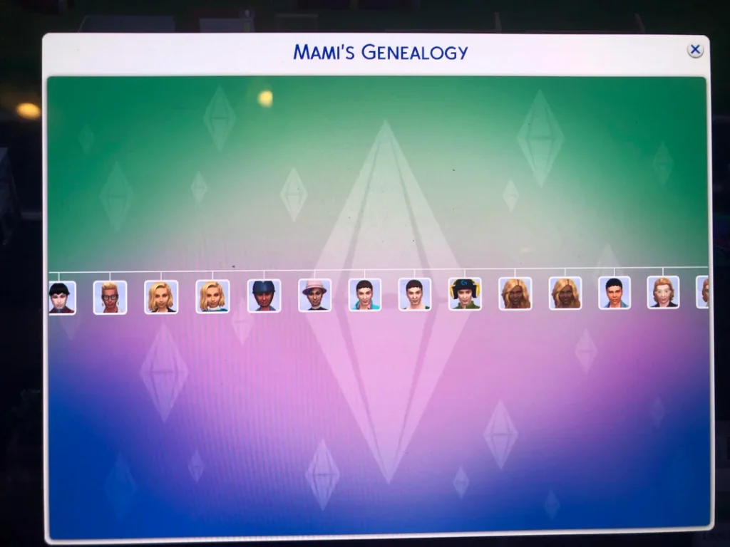 A Sims 4 genealogy screen titled “Mami’s Genealogy,” showing a long horizontal row of Sim portraits representing children and descendants from the 100 Baby Challenge.