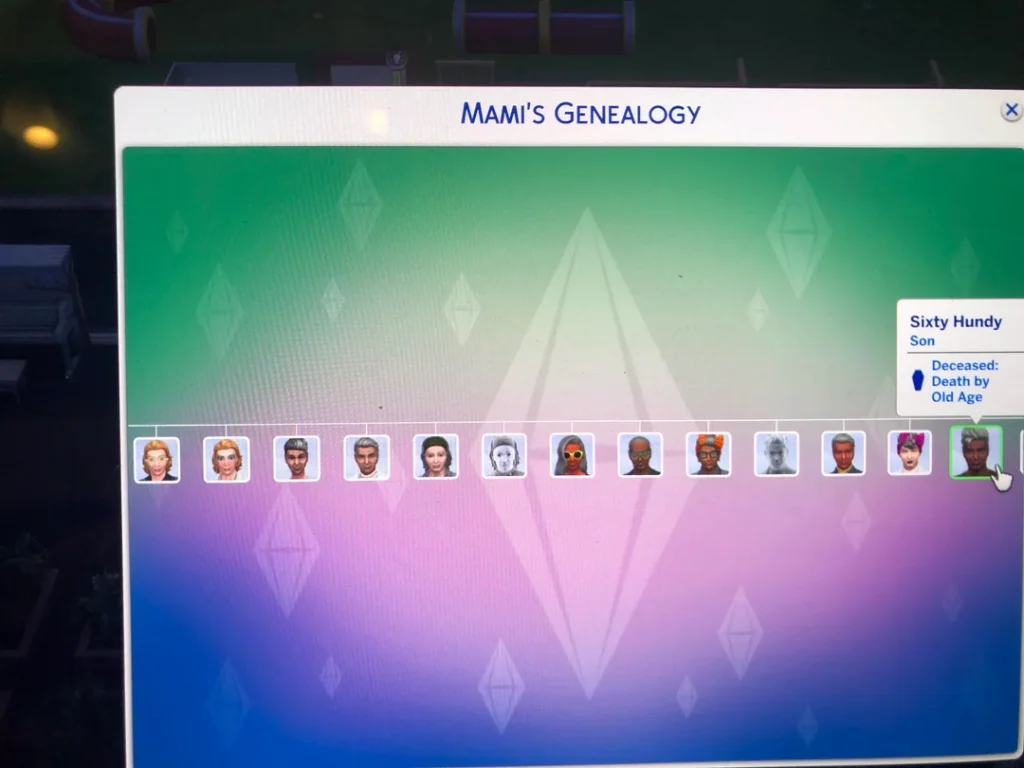 A Sims 4 genealogy screen titled “Mami’s Genealogy,” displaying a horizontal row of Sim portraits. One Sim, “Sixty Hundy,” is highlighted, showing he died of old age.