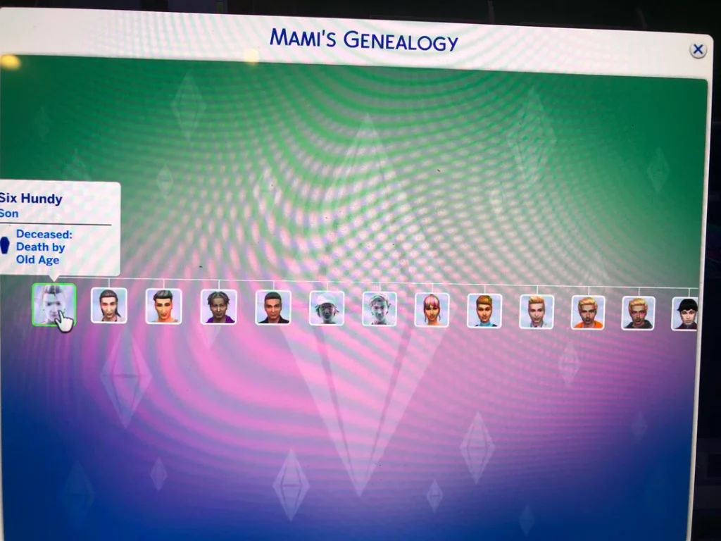 A Sims 4 genealogy screen showing a Sim named “Six Hundy,” listed as deceased from old age, along with a long row of siblings and descendants displayed as character portraits.
