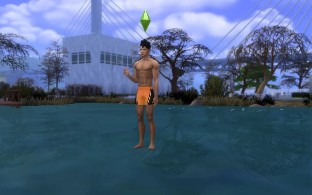 A Sim running across a pond in The Sims 4 as if walking on water from a Jesus Glitch.