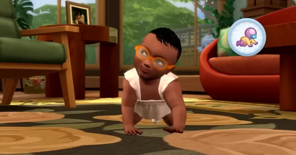 A Sims 4 infant wearing orange glasses crawls across a patterned rug in a cozy living room, signaling progress toward developmental milestones.
