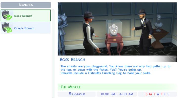 The Sims 4 Criminal career panel showing the Boss Branch and Oracle Branch options, with Sims in formal attire meeting around a jewelry display.