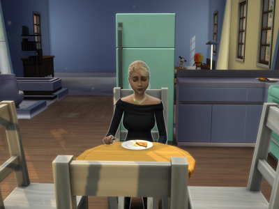 In-game screenshot from The Sims 4 showing a Sim sitting alone at a small dining table in a modest kitchen, eating a simple meal.