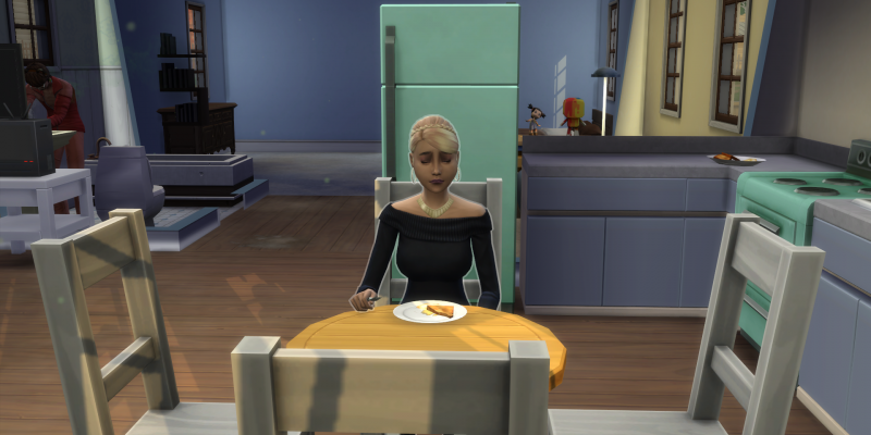 In-game screenshot from The Sims 4 showing a Sim sitting alone at a small dining table in a modest kitchen, eating a simple meal.