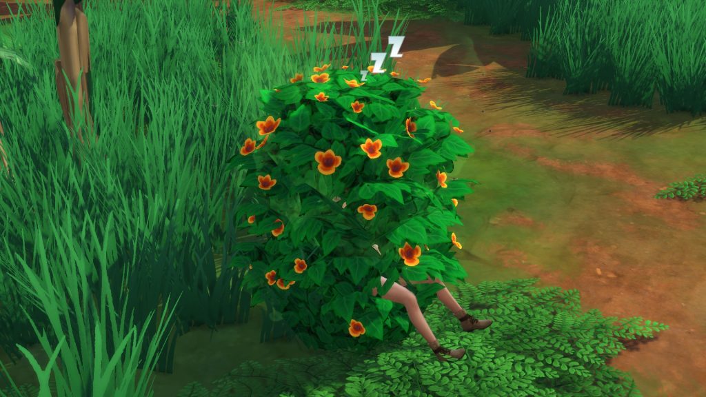A Sim sleeping inside a leafy flowering pee bush outdoors, with only their legs visible, humorously illustrating emergency bladder relief in The Sims 4.