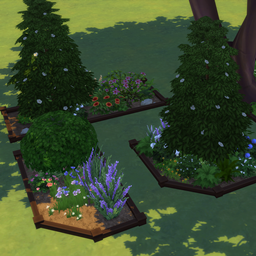 Landscaped garden beds in The Sims 4 featuring trees, flowering plants, and shrubs arranged in neat hexagonal planters.