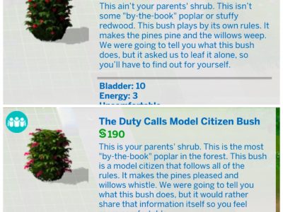 Build Mode item descriptions in The Sims 4 showing two pee bush variants, including the Anything Goes Party Bush and the Duty Calls Model Citizen Bush, with pricing and bladder stats visible.