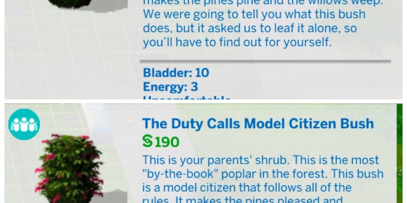 Build Mode item descriptions in The Sims 4 showing two pee bush variants, including the Anything Goes Party Bush and the Duty Calls Model Citizen Bush, with pricing and bladder stats visible.