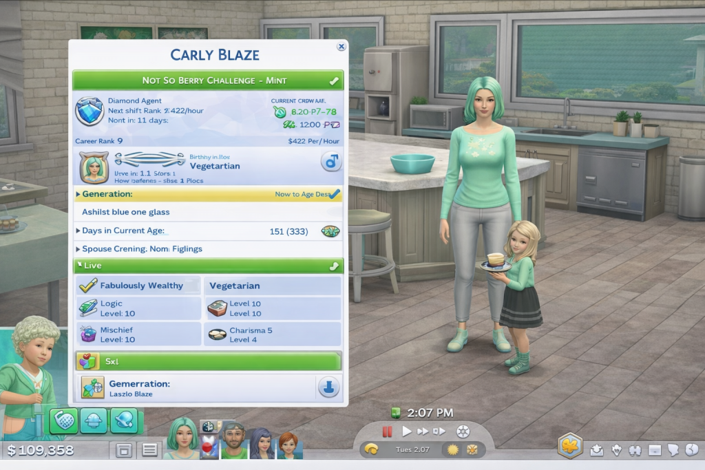 In-game screenshot from The Sims 4 showing Carly Blaze of the Mint Generation standing in a modern mint-themed kitchen with her child, while the Sim info panel displays career, traits, aspirations, and generation details.