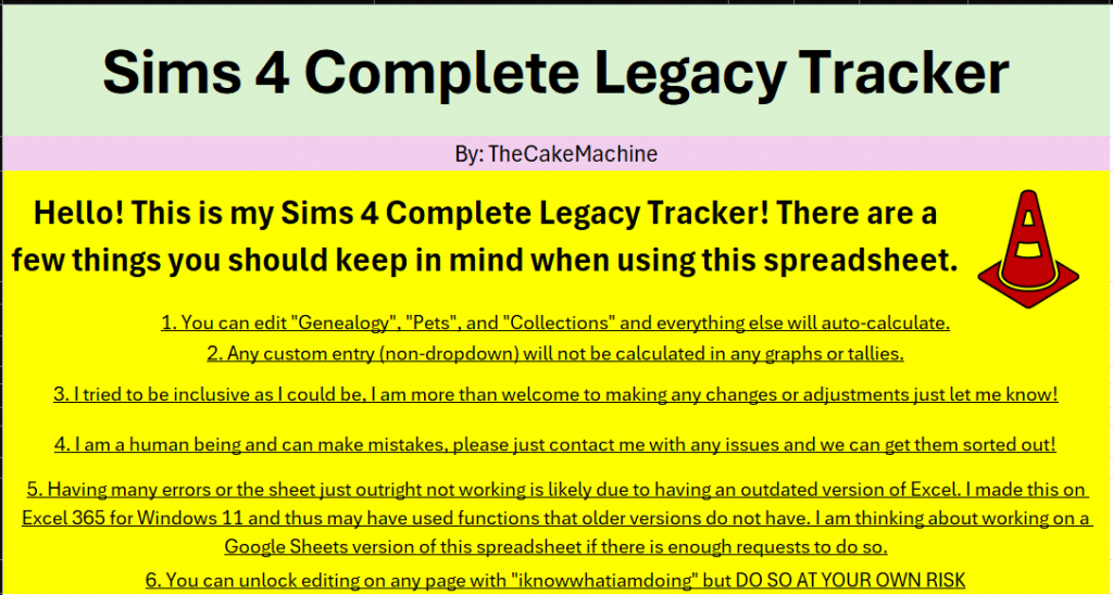 Screenshot of the Sims 4 Complete Legacy Tracker spreadsheet introduction page, showing the title, creator name TheCakeMachine, and a yellow instruction panel with numbered usage notes and warnings.