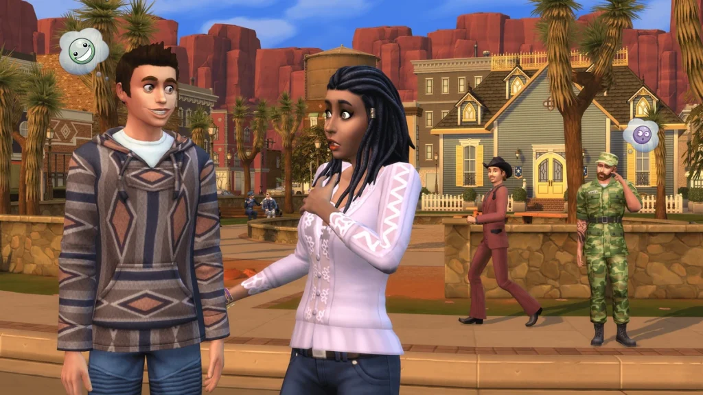 In-game screenshot from The Sims 4 showing two Sims talking in a desert-themed neighborhood, with mood icons visible above their heads and other Sims interacting in the background.