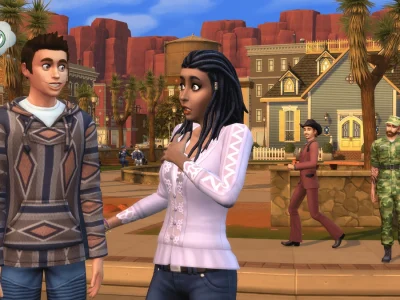 In-game screenshot from The Sims 4 showing two Sims talking in a desert-themed neighborhood, with mood icons visible above their heads and other Sims interacting in the background.