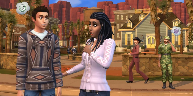 In-game screenshot from The Sims 4 showing two Sims talking in a desert-themed neighborhood, with mood icons visible above their heads and other Sims interacting in the background.
