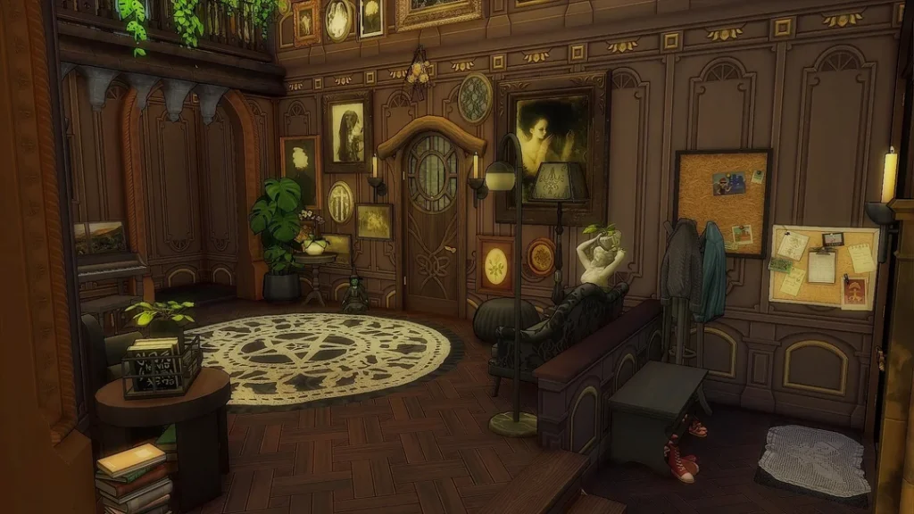 A witch-themed living room in The Sims 4 with dark wood walls, framed artwork, a circular occult rug, plants, candles, and cozy gothic décor.