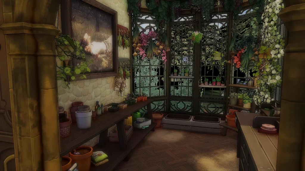 A small indoor greenhouse in The Sims 4 with hanging herbs, potted plants, gardening tools, shelves of supplies, and soft natural lighting.