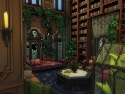 A cozy reading nook in The Sims 4 with tall bookshelves, climbing plants, candle lighting, a sofa, and a glass plant display.