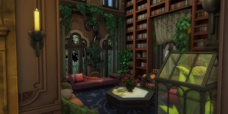 A cozy reading nook in The Sims 4 with tall bookshelves, climbing plants, candle lighting, a sofa, and a glass plant display.