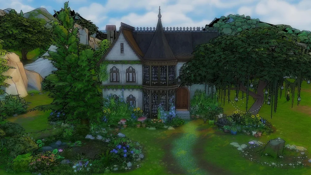 A witchy Sims 4 cabin surrounded by lush greenery, featuring dark gothic architecture, overgrown plants, mushrooms, and hanging lanterns beneath large trees.