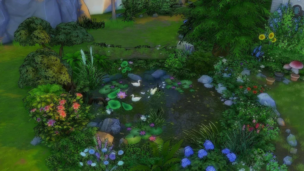 A small pond surrounded by dense greenery in The Sims 4, featuring lily pads, ducks swimming in the water, flowers, rocks, and mushrooms along the shoreline.
