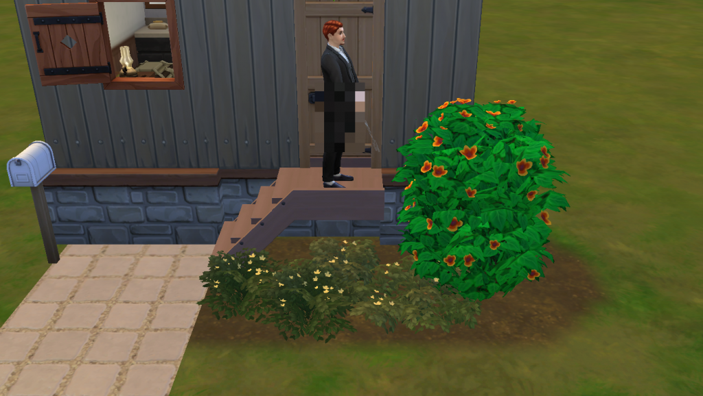 A Sim urgently using an outdoor pee bush placed beside the front steps of a house in The Sims 4, demonstrating strategic placement near the lot entrance.