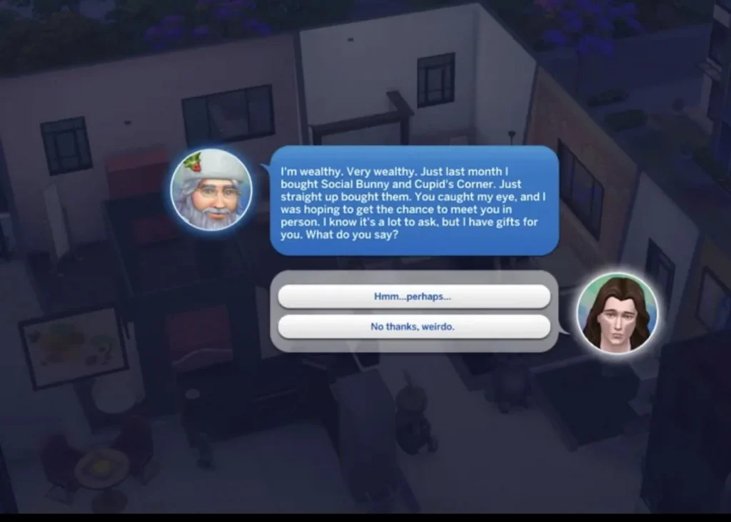 A Sims 4 pop-up showing a secret admirer confession from a wealthy Sim claiming to have bought Social Bunny and Cupid’s Corner, with response options to accept or reject the offer.