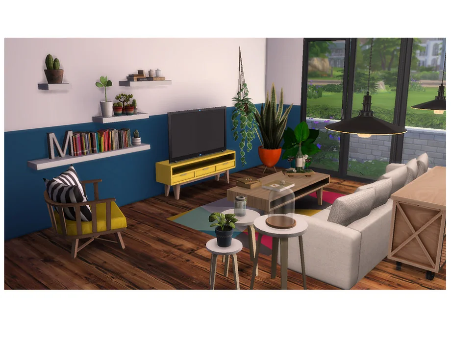 Modern living room in The Sims 4 featuring a bold blue accent wall painted on only one wall, with mid-century furniture, indoor plants, and large windows letting in natural light.