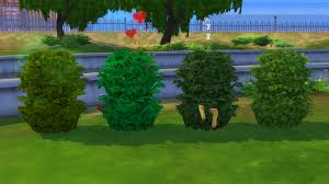 Four Sims hiding inside different pee bushes in The Sims 4, with hearts and sleep icons floating above them, humorously showing multiple Sims using bushes simultaneously.