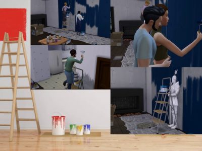 Collage showing Sims painting walls in The Sims 4, alongside paint swatches, ladders, and partially painted walls demonstrating wall painting mechanics.