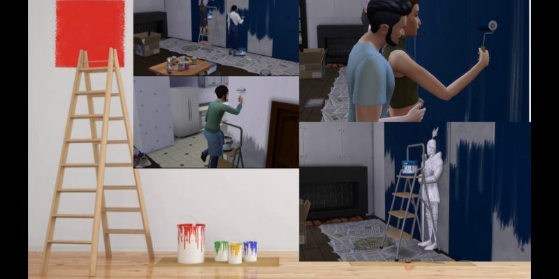 Collage showing Sims painting walls in The Sims 4, alongside paint swatches, ladders, and partially painted walls demonstrating wall painting mechanics.