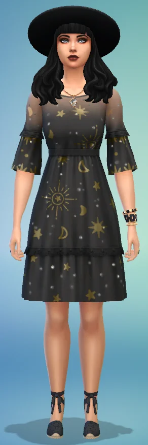 A female Sim wearing a black dress with celestial patterns and a wide-brim hat, shown without the ghost filter.