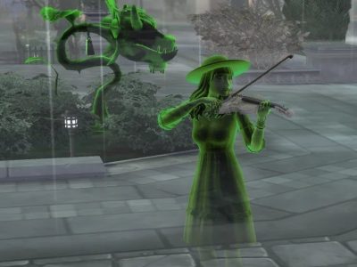 A ghost Sim plays the violin in Ravenwood while a glowing ghost cowplant floats behind her at night.