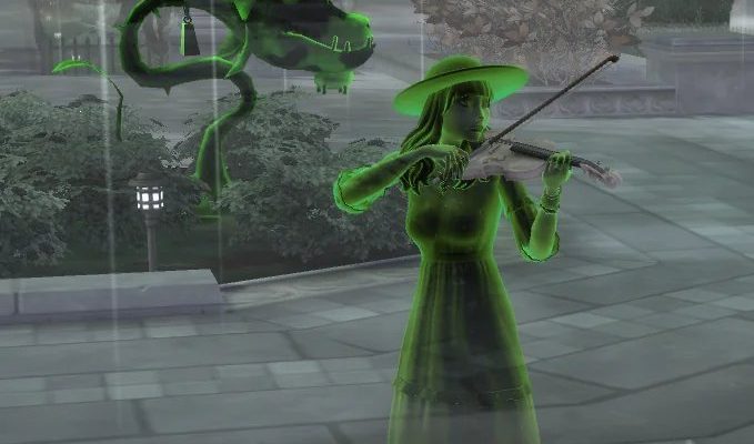 A ghost Sim plays the violin in Ravenwood while a glowing ghost cowplant floats behind her at night.